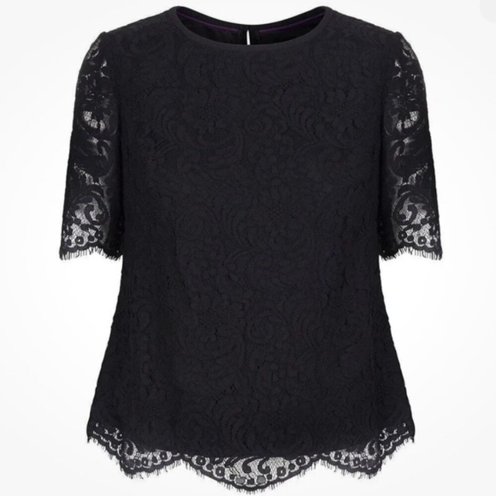 Ted Baker Alina Lace Scallop Edge Top Crew Neck Short Sleeves Lined Boho Black S